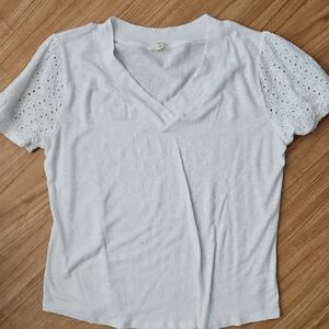 Women's XL V-Neck White Shirt With Decorative Short Sleeves